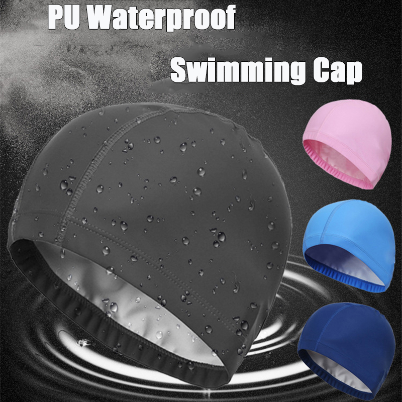 New 2020Elastic Waterproof PU Coating Swim Caps Swim Pool Unisex Swim Hats Free size Men&Women Ears Protection Swimming Cap