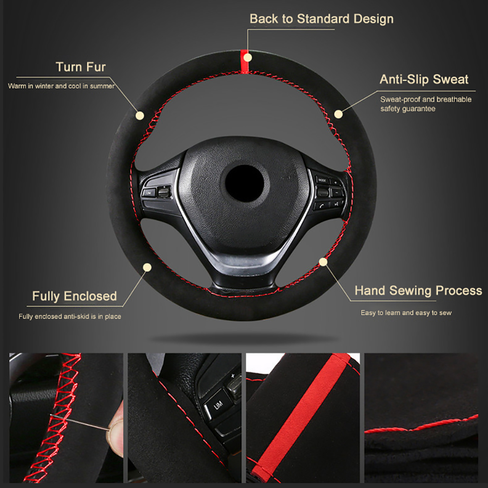 38cm Universal Auto Steering Wheel Cover Breathable Suede Hand Sewing Braid Nonslip Vehicle Parts With Needle Thread