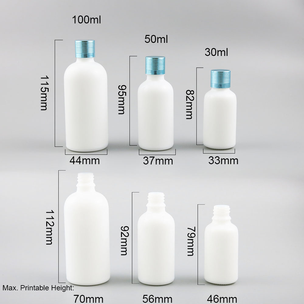 12 X New Design Refillable Natural White Glass Bottle With Gold Silver Black Cap 30ml 50ml 100ml 1OZ White Glass Containers