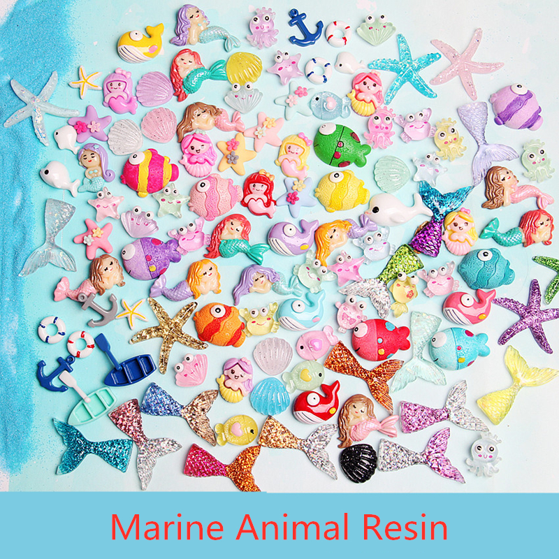 30PC/Set Marine Style Glitter Mermaid Resin Accessories Kids DIY Hair Decoration Material Flat Back Planar Resin Craft Supplies