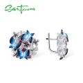 SANTUZZA Jewelry Set For Woman 925 Sterling Silver HANDMADE Colorful Enamel Blue Butterfly CZ Ring Earrings Set Fashion Jewelry