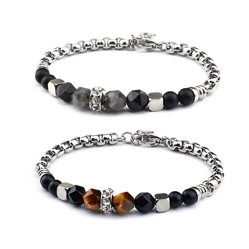 Fashion Charm 8MM Stone Strand Bracelets Stainless Steel Link Chain Bangles Gemstone Beaded Yoga Male Jewelry