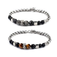 Fashion Charm 8MM Stone Strand Bracelets Stainless Steel Link Chain Bangles Gemstone Beaded Yoga Male Jewelry