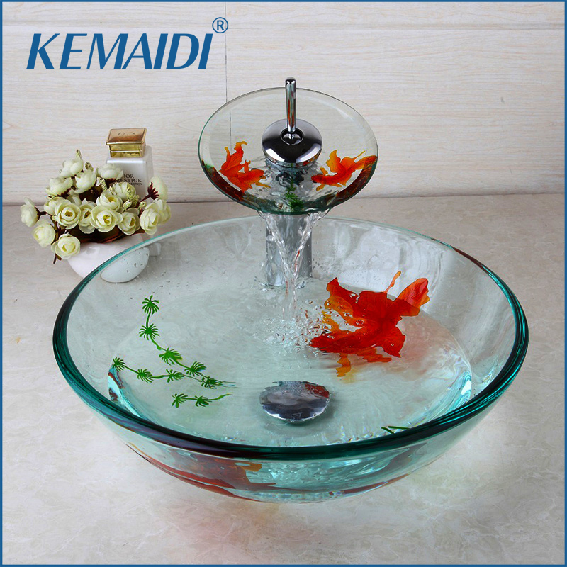 KEMAIDI Modern Bathroom Glass Golden Fish Painted Vessel Sink Faucet & Pop up Drain Combo Sink Set Bathroom Sink Accessaries