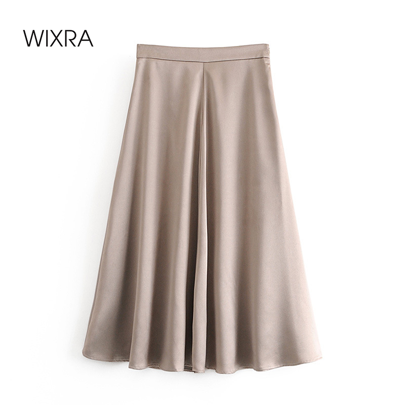 Wixra Womens Satin Skirts A-Line High Waist Solid Bottoms Elegant Mid-Calf Streetwear For Ladies Summer Autumn Hot