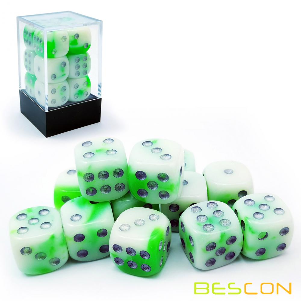 Bescon Two Tone Glowing Dice D6 16mm 12pcs Set Luminous Jade, 16mm Six Sided Die (12) Block of Glowing Dice