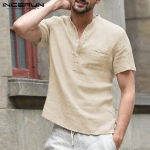 INCERUN Men's Shirts Stand Collar Short Sleeve Button Casual Blouse Streetwear Loose Summer Breathable Male Shirts Chemise 2021
