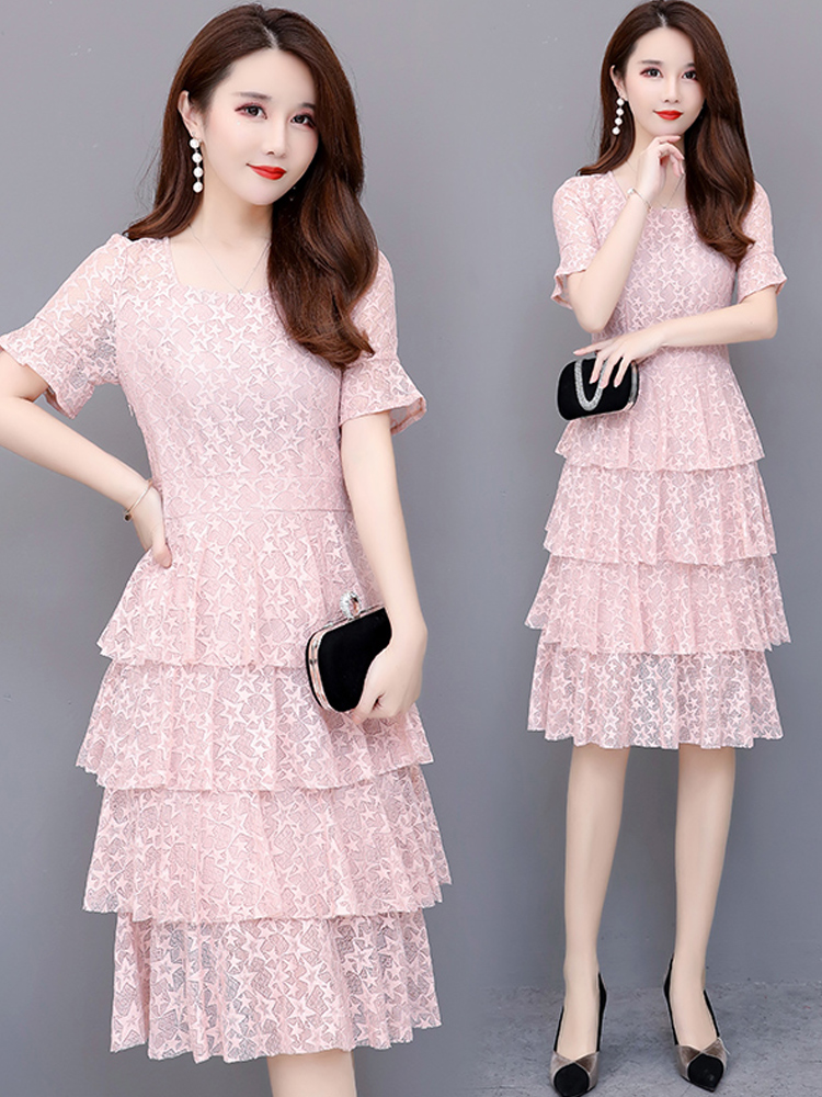 Summer Fashion Lace Women Short Sleeve O-Neck Knee-Length A-Line Pink Beige Black Plus Size Chiffon Cocktail Dresses