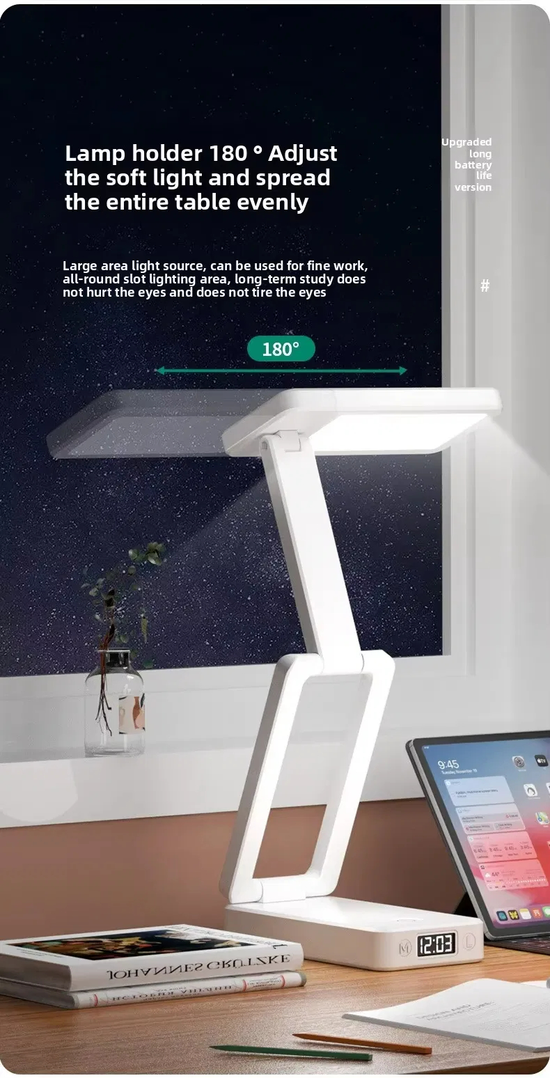 Rechargeable Folding Desk Lamp, Clock Reading Desk Lamp