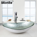 Monite Silver Oval Bathroom Washbasin Countertop Washroom Vessel Vanity Tempered Glass Basin Sink Faucet Set Brass Faucet