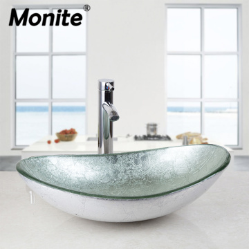 Monite Silver Oval Bathroom Washbasin Countertop Washroom Vessel Vanity Tempered Glass Basin Sink Faucet Set Brass Faucet