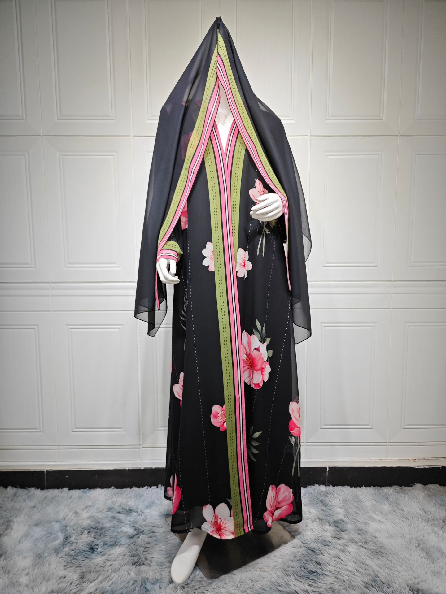 Floral Print Open Abaya with Matching Hijab