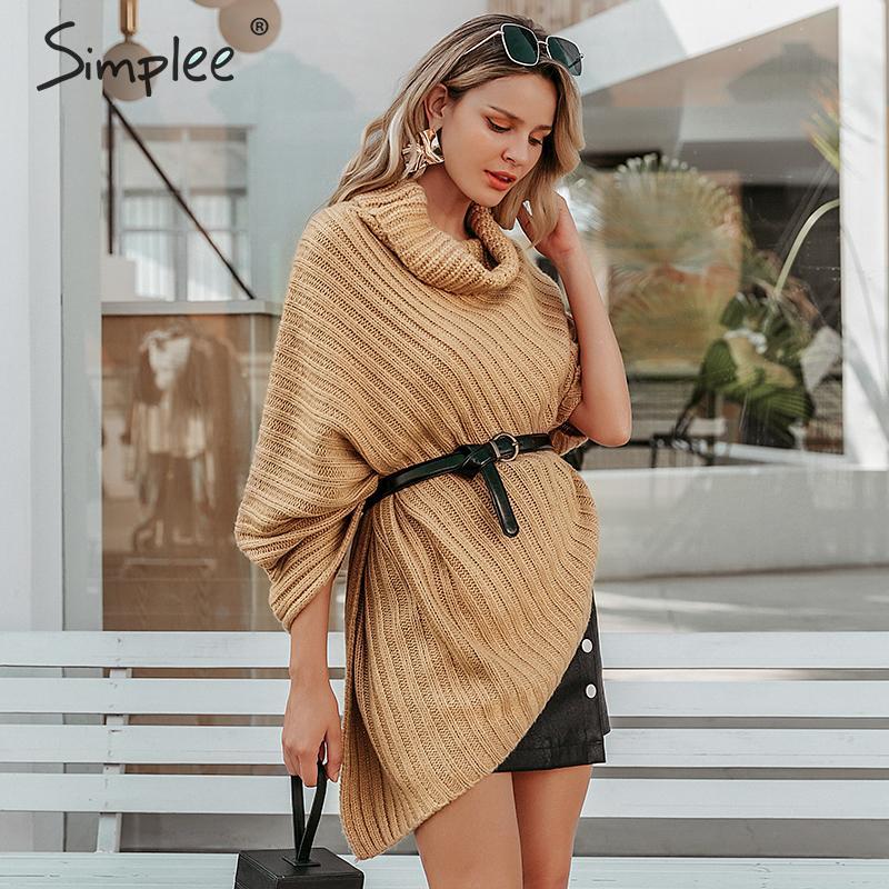 Simplee Autumn knitted turtleneck pullovers poncho sweater women Vintage khaki sweater manta Winter gary thick sweater jumper