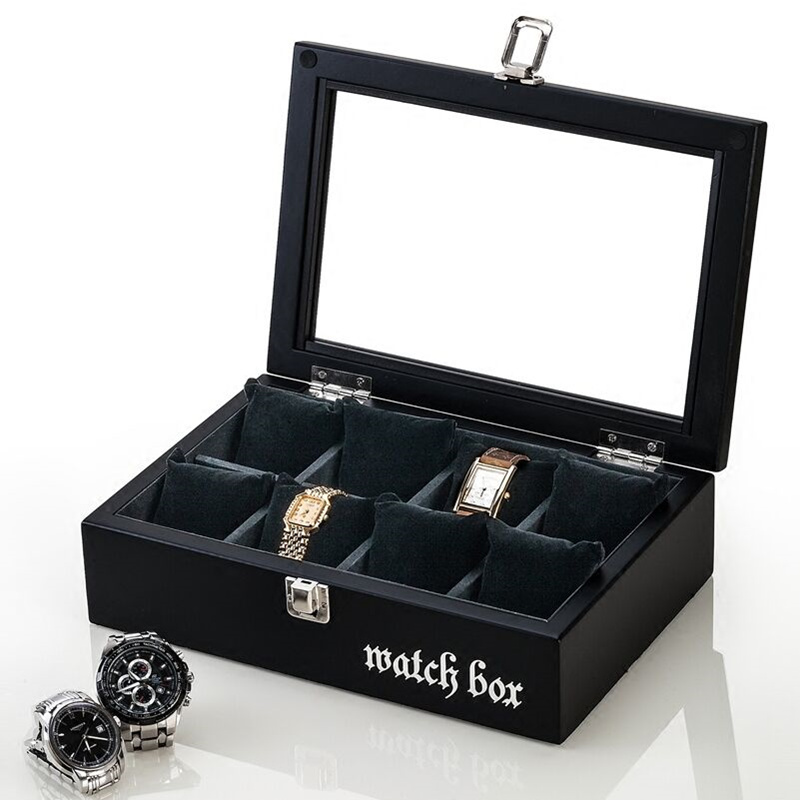 Top 8 Slots Wooden Watch Boxes Fashion Black Watch Storage Case With Lock Watch Display Gift Box Jewelry Gift Cases W033