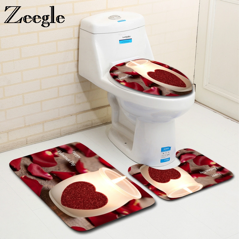 Zeegle Romantic Valentine 3Pcs Toilet Rug Set Non-slip Bathroom Floor Mats Flannel Bathroom Carpet Toilet Lid Cover Bath Mat Set