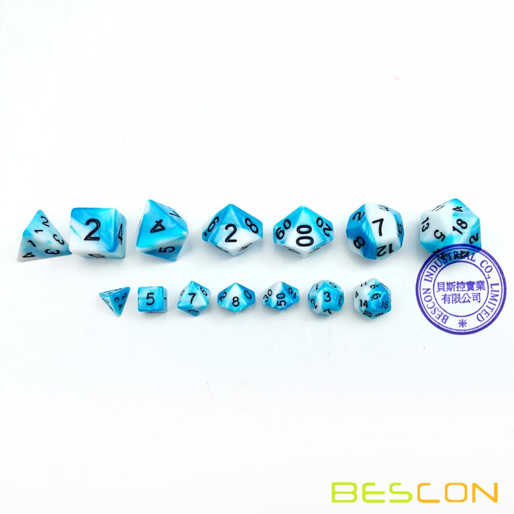 Bescon Mini Gemini Two Tone Polyhedral RPG Dice Set 10MM, Small Mini RPG Role Playing Game Dice Set D4-D20 in Tube, ICY TRACK