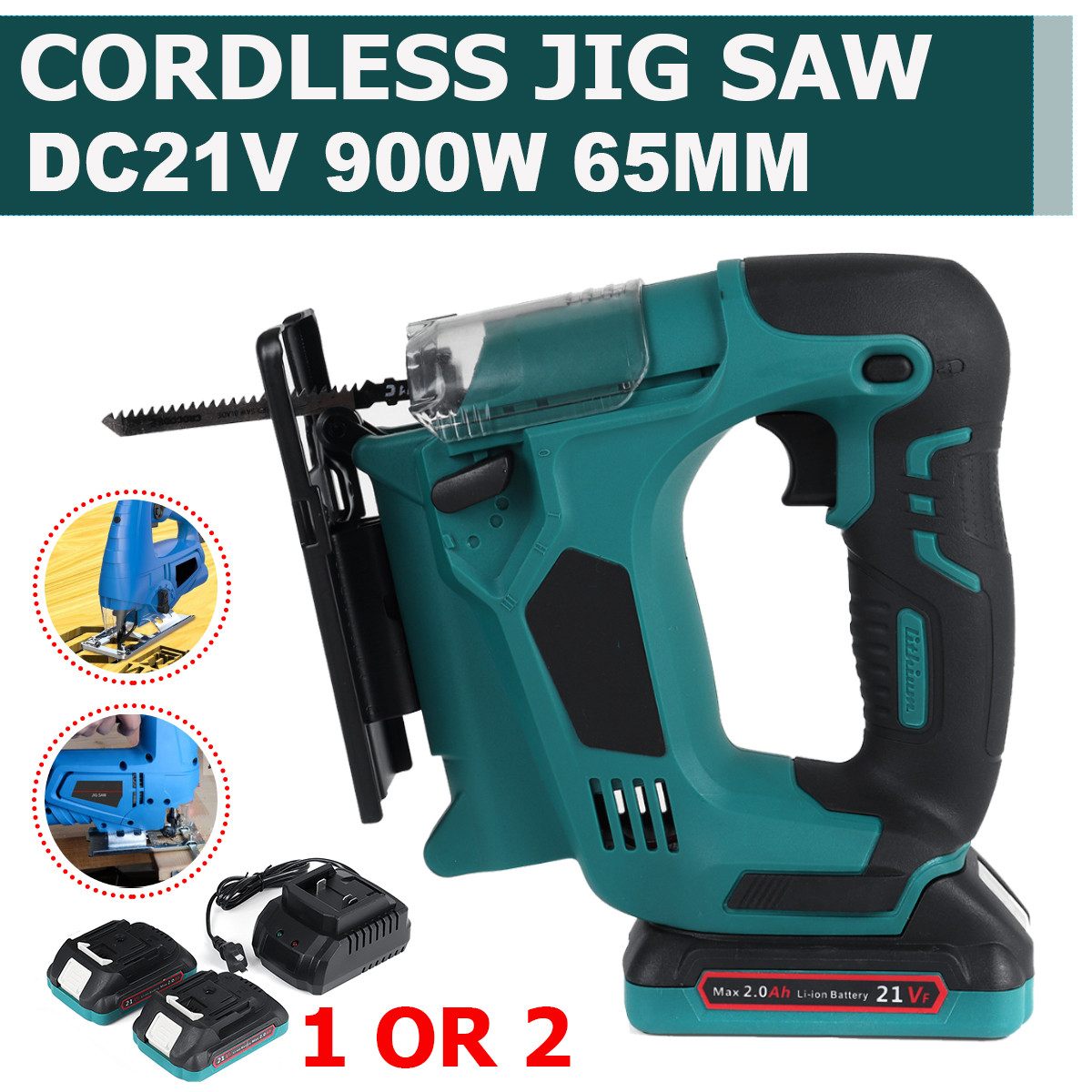 900W Cordless Jig Saw Electric Jigsaw Metal Blade Portable with Batteries Metal Woodworking Power Tool 4 Adjustable Angles 21VF