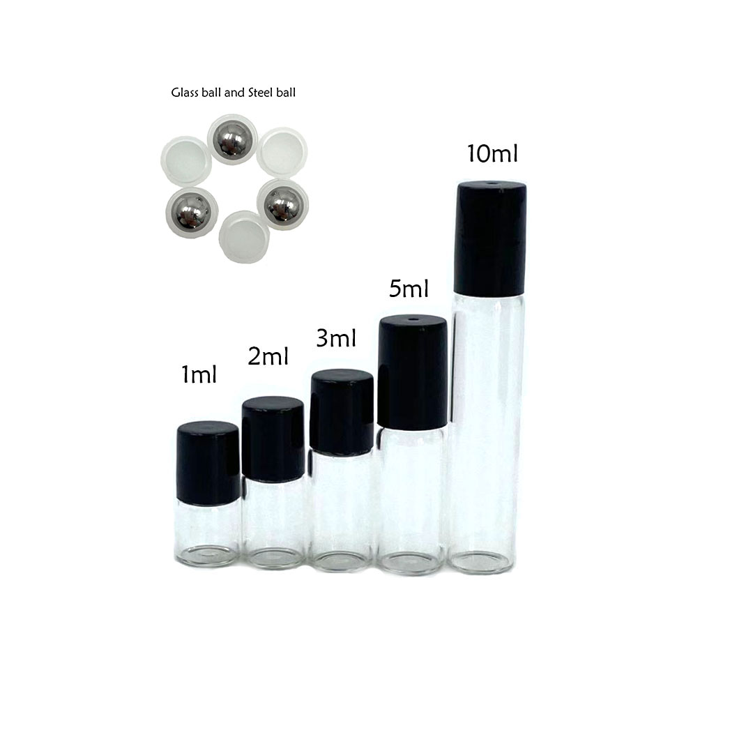 5pcs/Pack 1ml 2ml 3ml 5ml 10ml Clear / Amber Glass Roll on Bottle with Metal Ball Thin Glass Roller Essential Oil Vials Perfume