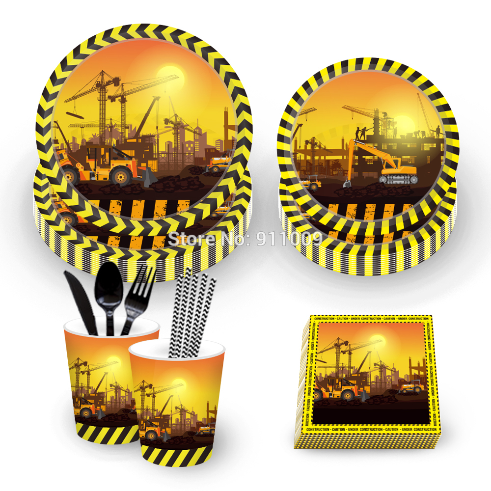 Construction Party Decorations Baby Shower Party Favors Disposable Tableware Sets Cartoon Excavator Cars Event Party Supplies