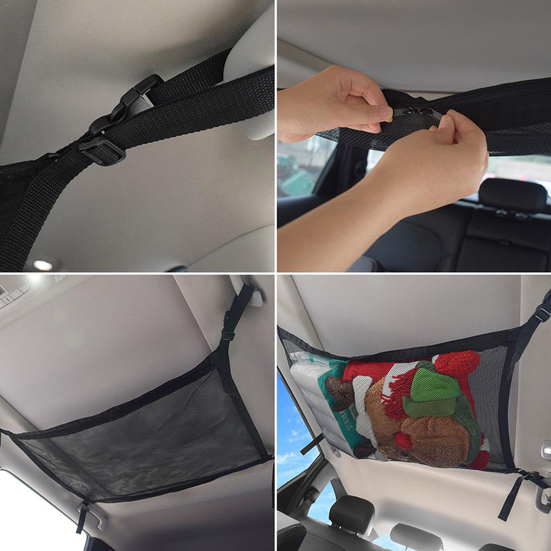 Car Ceiling Storage Bag Black Polyester Mesh Breathable Zipper Storage Bags Adjustable Auto Stowing Tidying Interior Accessories