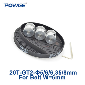 POWGE 3pcs 20 teeth GT2 Pulley Bore 5/6/6.35/8mm + 3Meters GT2 timing Belt width 6mm 2GT belt pulley 3D 20Teeth 20T