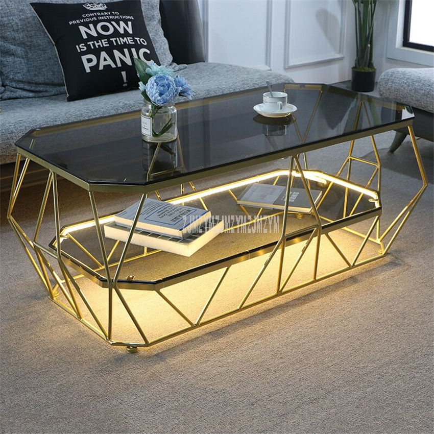 Nordic Rectangular Tea Table With LED Light Creative Double Layer Toughened Glass Desktop Iron Art Leg Modern Living Room Table