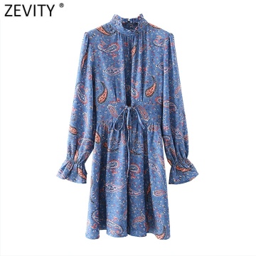 Zevity New Women Vintage Ruffled Collar Cashew Nuts Print Casual Mini Dress Female Lace Up Vestido Chic Agaric Lace Dress DS4803