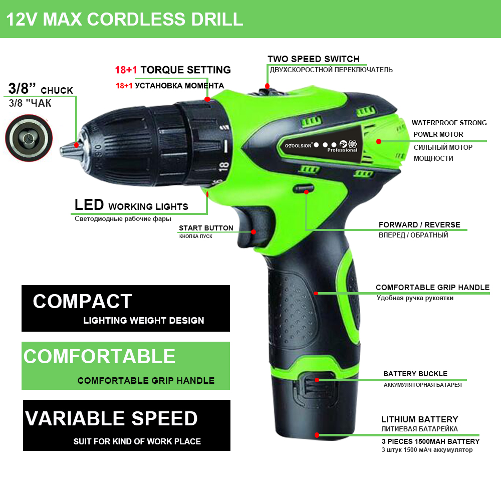 12V 1500mah Small Drill Cordless Drill Power Tools Mini Electric Drill Charging Drill Screwdrivers With 2 Batteries For DIY Home
