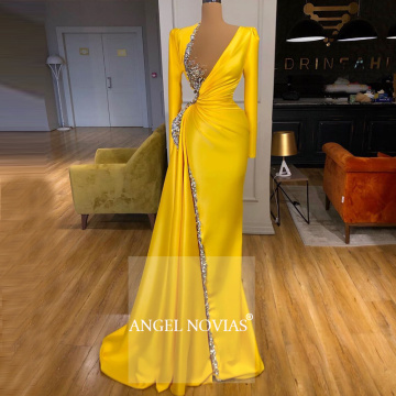 ANGEL NOVIAS Long Sleeves Yellow Arabic Evening Dress 2020 Formal Gowns 2021 vestido sirena largo