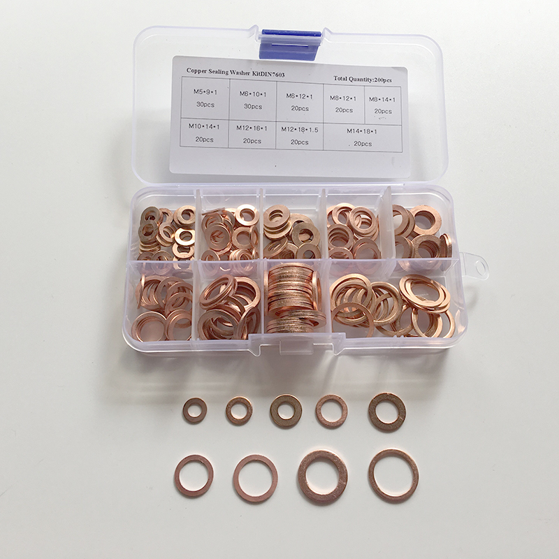 200Pcs/Box Copper Washers Flat Ring Sump Plug Oil Seal Assorted For Set M5-M14 Car Kit Accessories Copper Ring Gasket