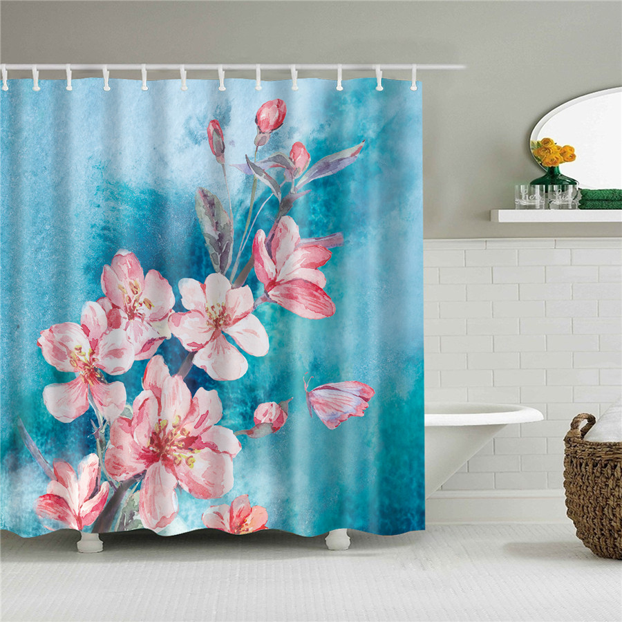 Bathroom Supply Shower Curtains Bathroom Curtain Flowers Printed Waterproof Fabric Cloth Bath Curtain Screen with Hooks