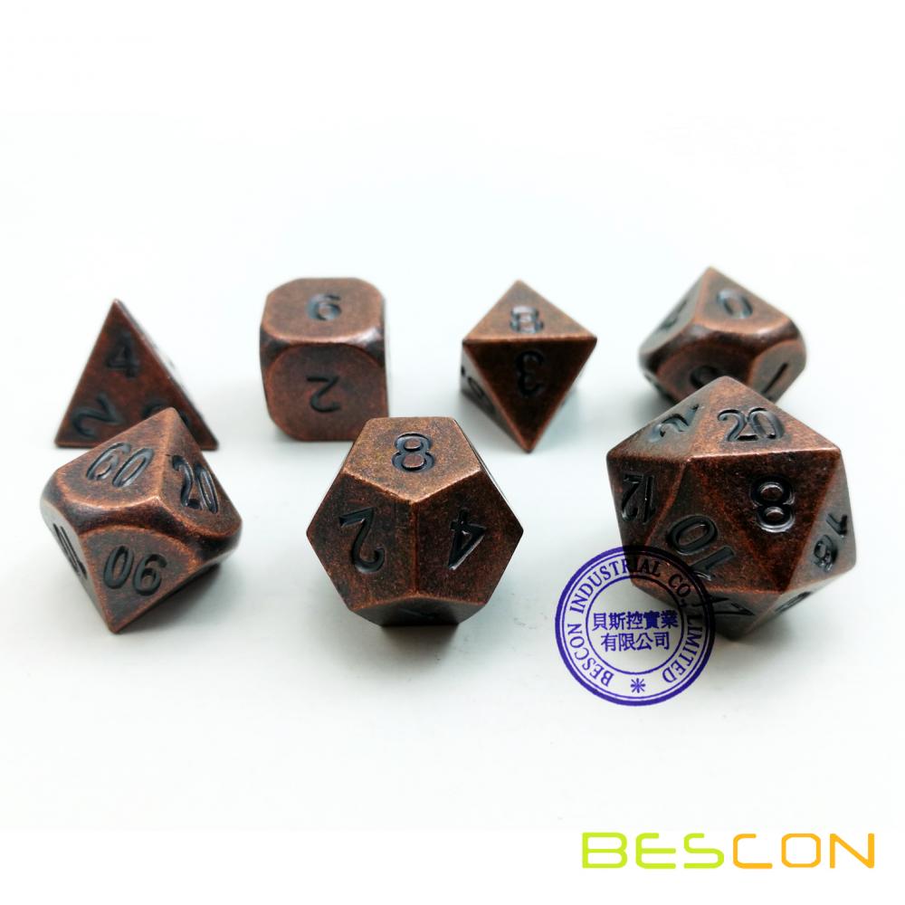 Bescon Antique Copper Solid Metal Polyhedral D&D Dice Set of 7 Old Copper Metal RPG Role Playing Game Dice 7pcs Set
