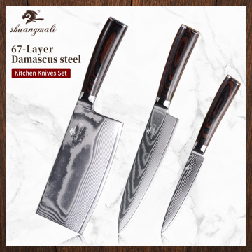 3PCS Kitchen Knife Set 67Layers V10 Damascus Kitchen Chef Knife Chinese Cleaver Vegetable Fruit Chef Knives Set With Wood Handle