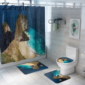 Zeegle Bathroom Doormat Floor Rug Shower Curtain with 3D Printed Toilet Rug Set Anti-slip Shower Mat Water Absorption Foot Mat