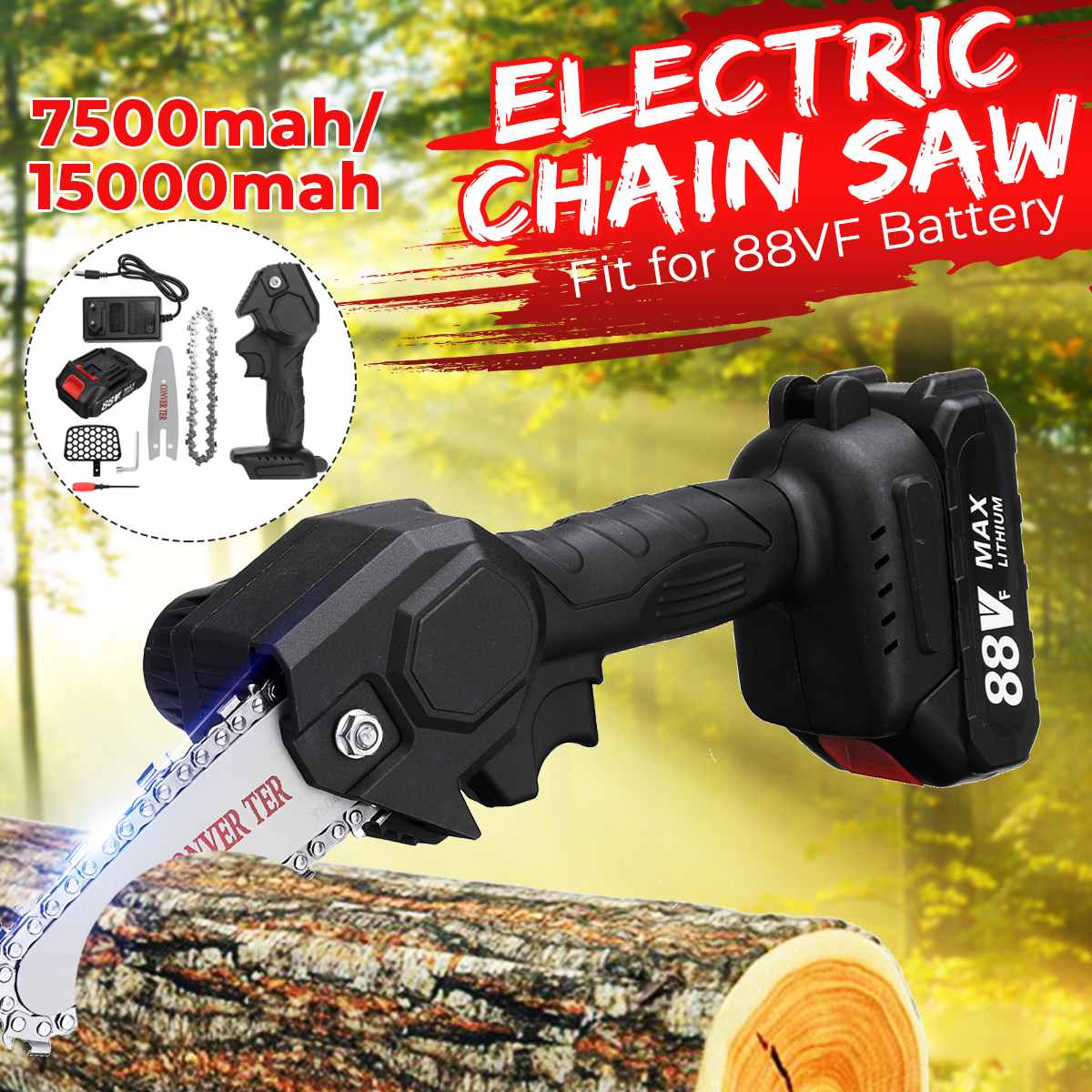 88V Electric Pruning Saw with Lithium Battery Rechargeable Mini Cordless Electric Saw Woodworking Chain Saws Garden Logging