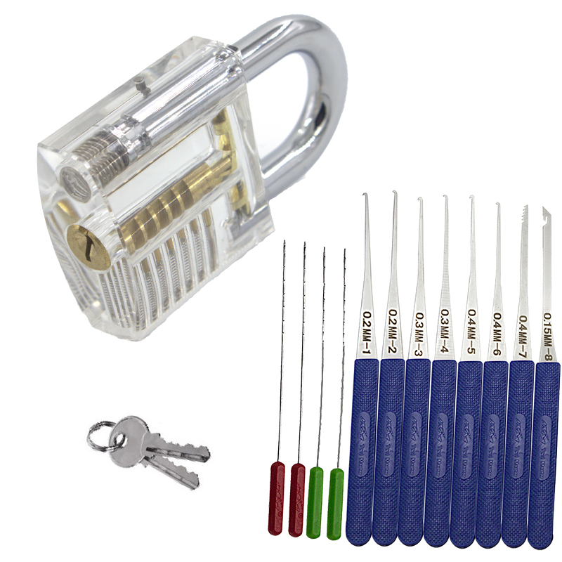 Liushi 12pcs Lock Pick Set Kit Locksmith Hand Tool Broken Key Extractor Remove Hook Hardware DIY With Practice Transparent Lock