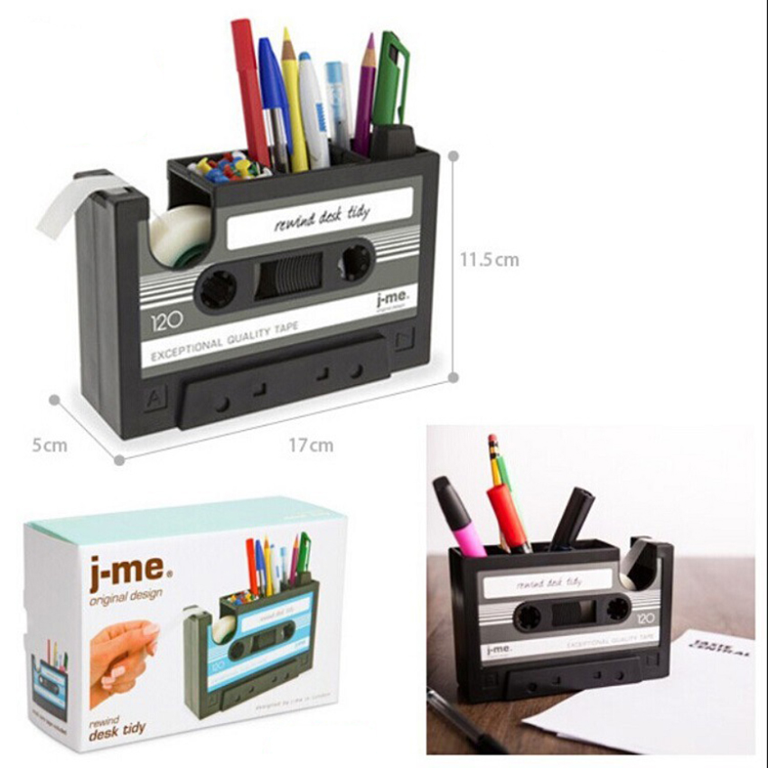 Retro Cassette Tape Dispenser Pen Holder Pencil Organizer Container Desk Pen Holder Tape Cutter Office Stationery Supplier