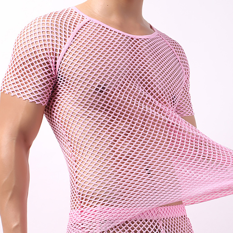 Men Undershirts Shorts Sleeve Hollow Out T-shirts Sexy Mesh Fishnet Shirts Sheer Slip Sleepwear Sports Causal Loose Top Camiseta