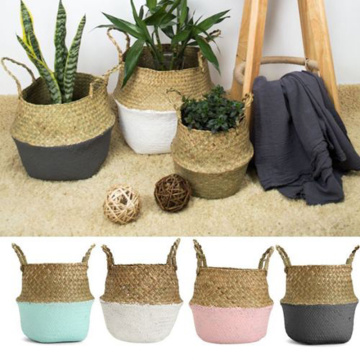 Mini Pot Planter Organization Storage Basket Rattan Straw Basket Wicker Seagrasss Folding Flower Pot Vase Home Storage Basket