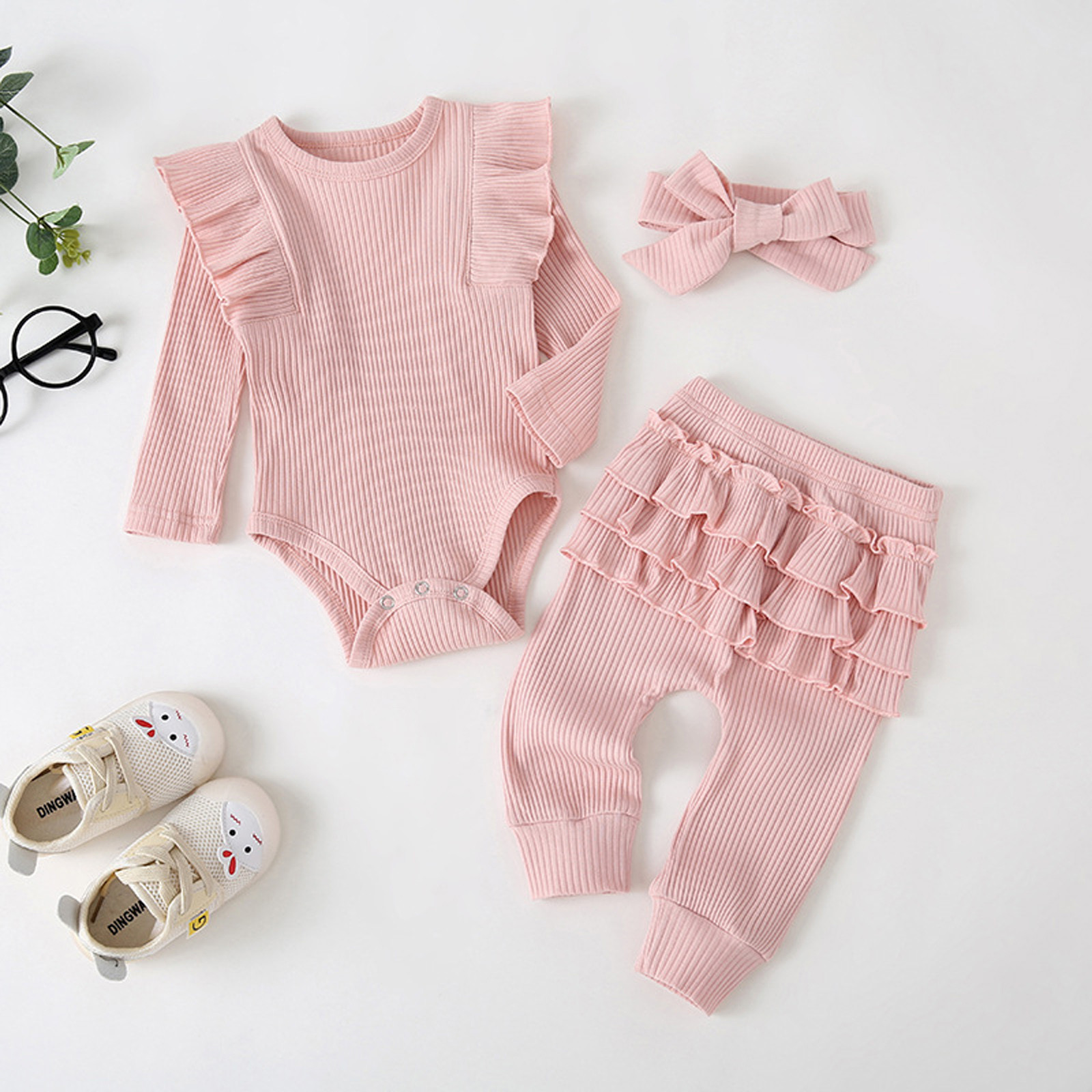 (0-2Y) Baby Suit Winter Long Sleeve Simple Solid Color Hanging Striped Top + Solid Color Hanging Striped Pants + Hair Band Set 5