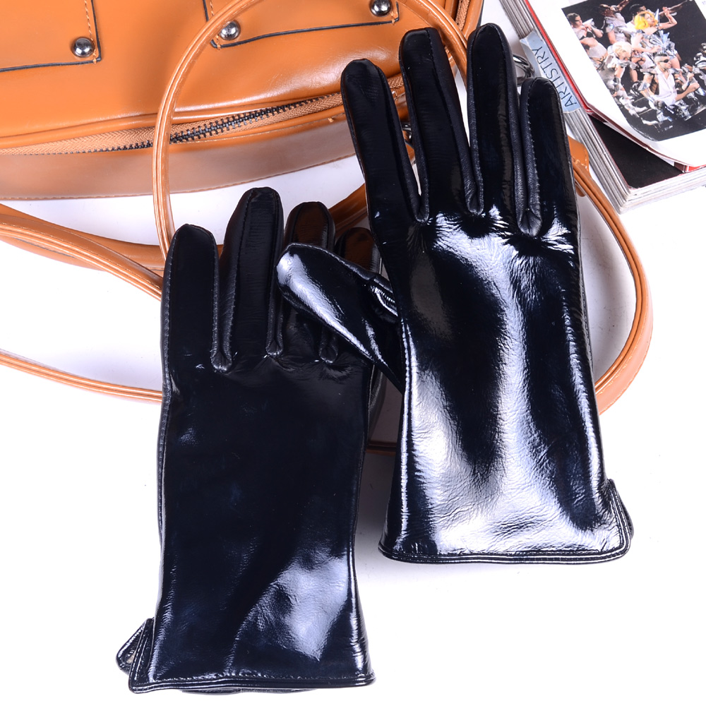 Women's Ladies Real Patent Leather Shiny Black Woolen Lining Winter Warm Touch Screen Short Gloves