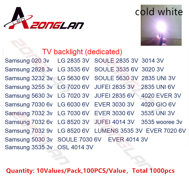 1000pcs/lot 1W-2W SMD LED Kit 3V/6V 2835/3030/2828/3535/5630/7020/7030/4020/4014/7032 Cold white For TV Backlight Beads 10*100LG