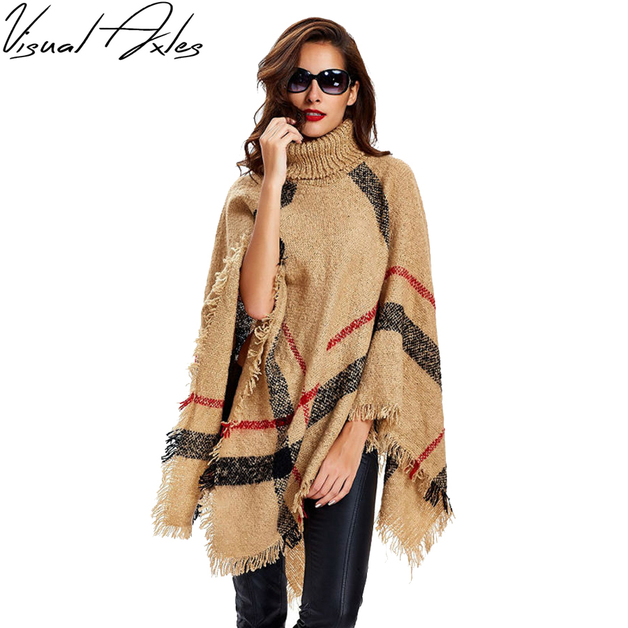 [Visual Axles] 2020 New Fashion Women Winter Warm Wool Plaid Knitting Poncho 7 Colors Provided