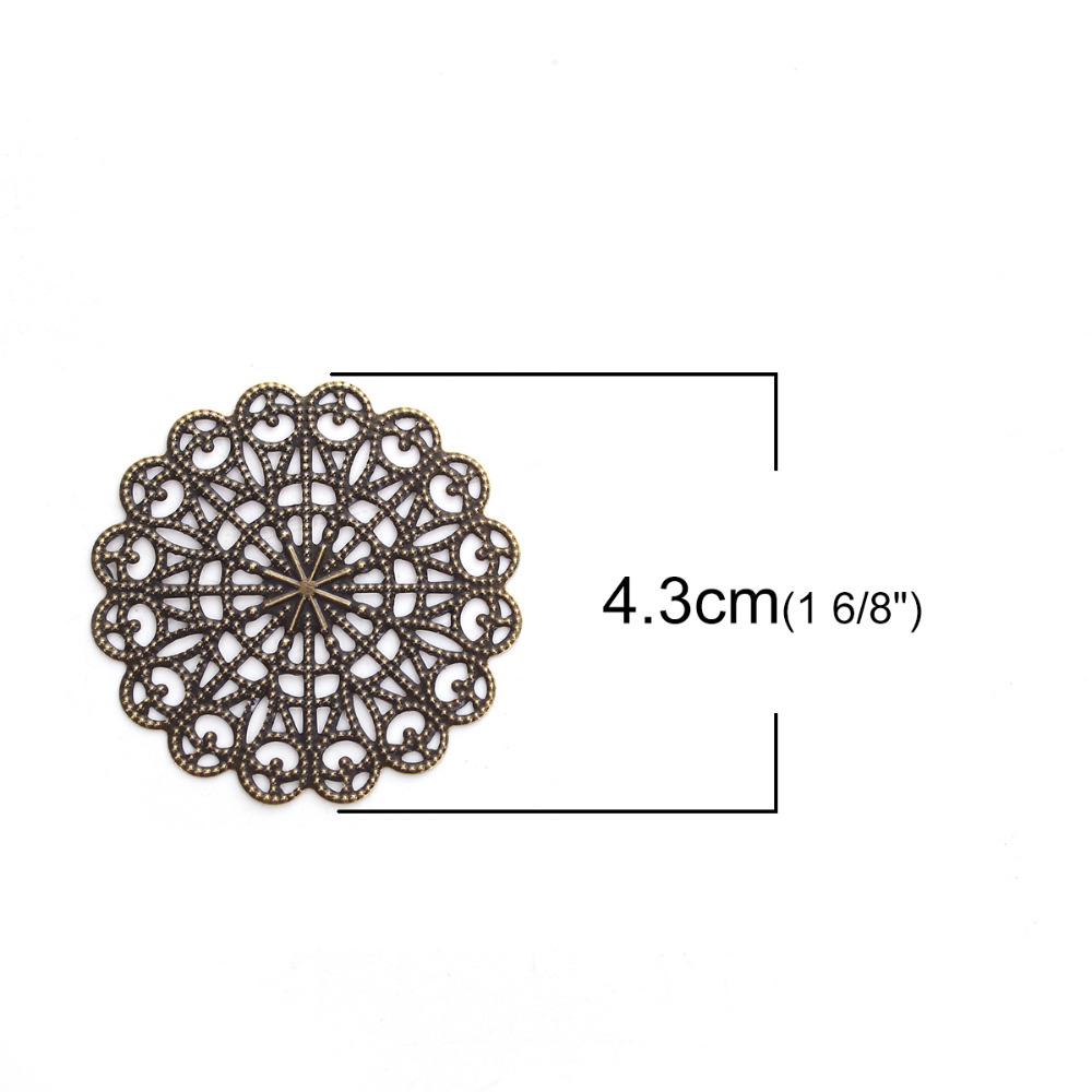 Doreen Box Zinc Based Alloy Embellishments Flower Antique Bronze Filigree Carved DIY Jewelry Making 43mm(1 6/8") x 43mm, 30 PCs