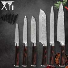 XYj 6pcs Stainless Steel Knives Set Damascus Pattern Blade 7CR17 Wood Handle Chef Slicing Santoku Utility Paring Knife Sheath