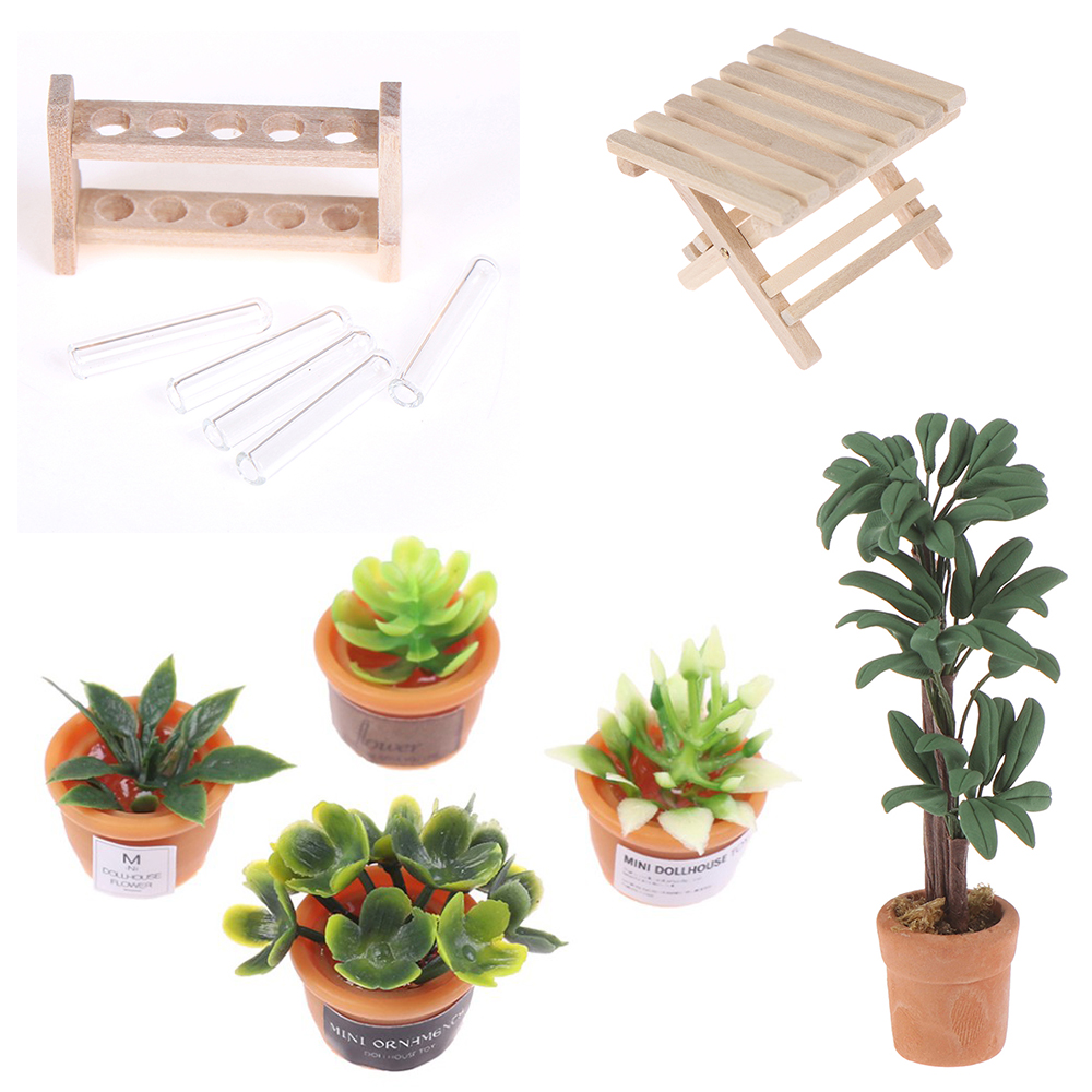 DIY 1:12 Dollhouse Miniature Potted Plant Pot Folding Table Laboratory Glass Test Tubes with Wooden Rack Furniture Toys