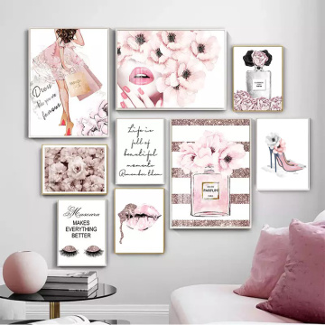 Abstract Pink Woman Perfume Lips, Leaves And Trunks, Nordic Canvas Posters, Decorative Paintings, Modern Life Murals