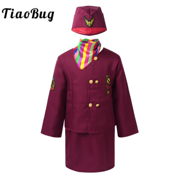 TiaoBug Kids Airline Stewardess Costume Girls Halloween Cosplay Flight Aviation Uniform Coat Skirt Scarf with Hat Set Dress Up
