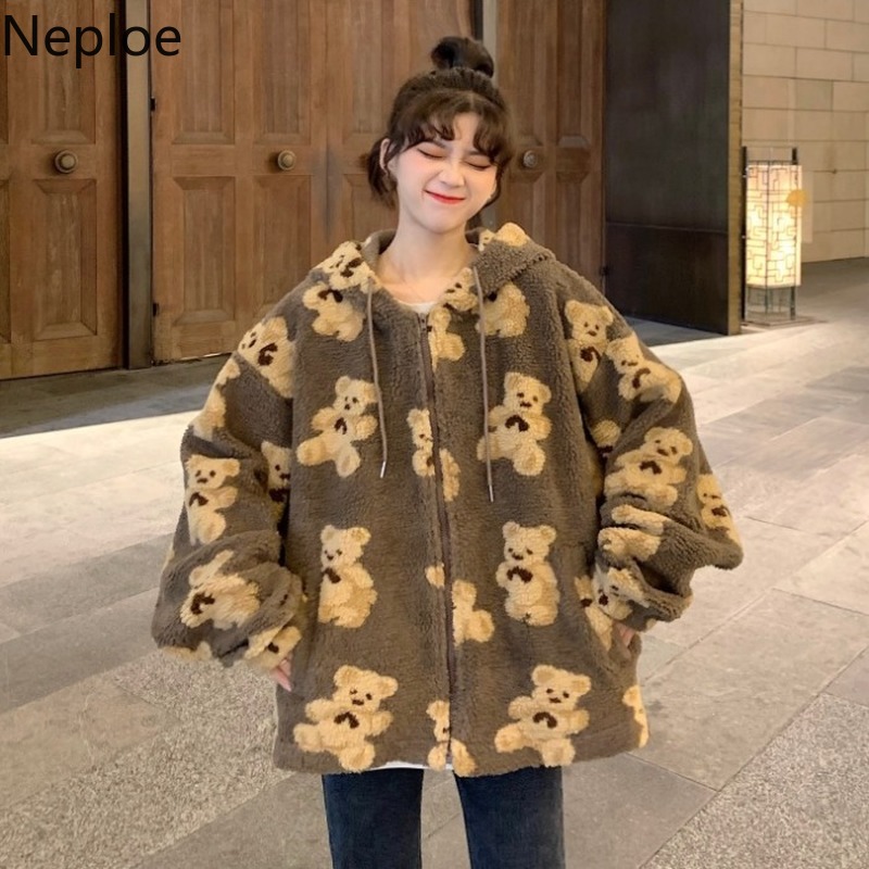 Neploe Cute Women Hoodie 2020 Winter Loose Hoodies Sweatshirts Streetwear Thick Lamb Wool Bear Coat Zipper Oversized Outwear
