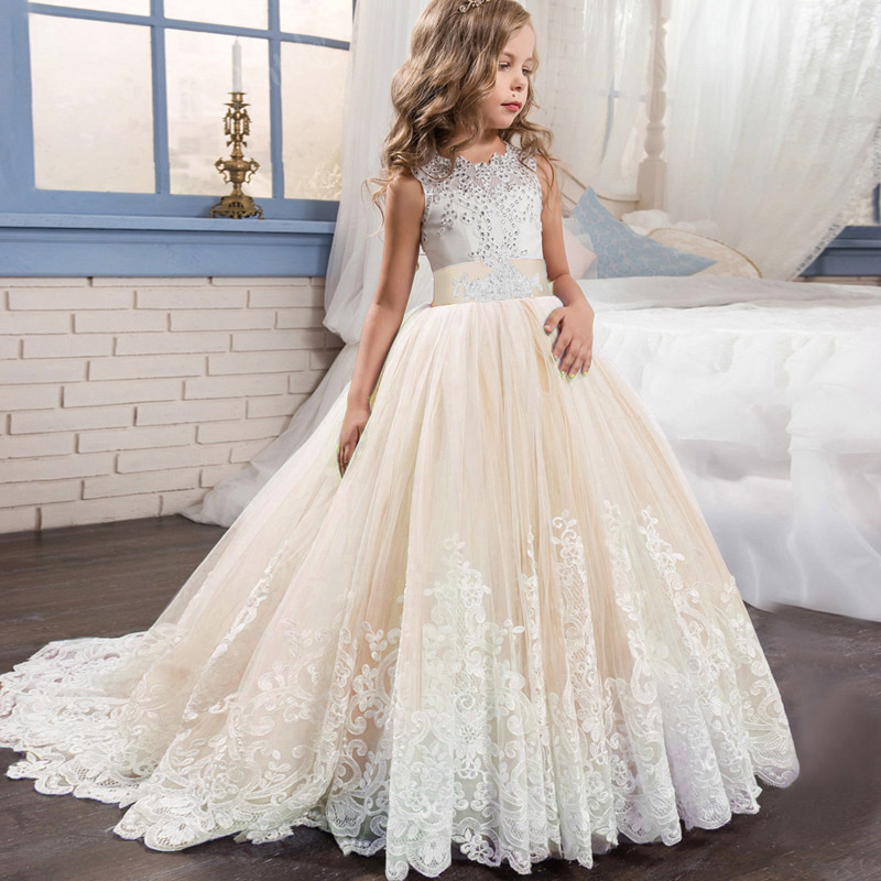 Romantic Lace Puffy Lace Bow Flower Girl Dress NEW For Weddings Tulle Ball Gown Flower Girl Party Communion Dress Pageant Gown